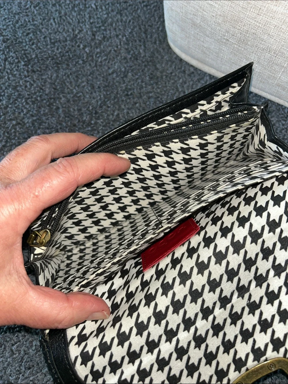 HOBO Black Leather Phone Wallet with Brass-Tone and houndstooth interior